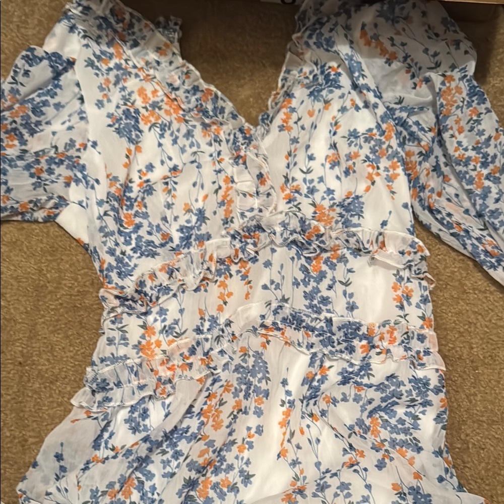 Amazon Blue and Orange Ruffled Short Sleeve Blouse